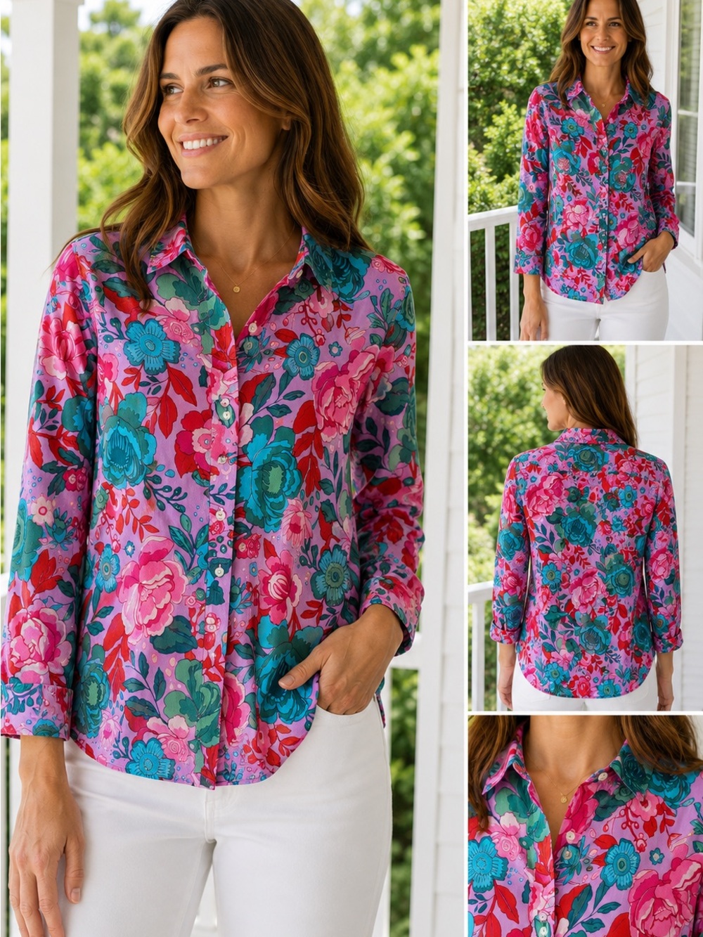 Talbots🌺Floral Button Down Shirt Women MP Pink Blue Cotton Long Sleeve Petite